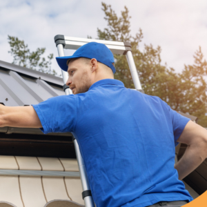 a man dressed in blue, standing on a ladder while cleaning or inspecting a gutter on a metal roof