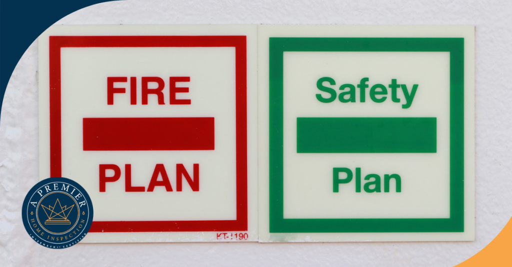 Fire and Safety Plan signs displayed on a wall