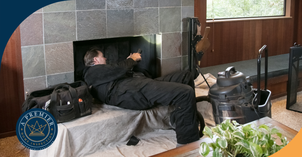 Inspector performing thorough fireplace inspection for home safety.