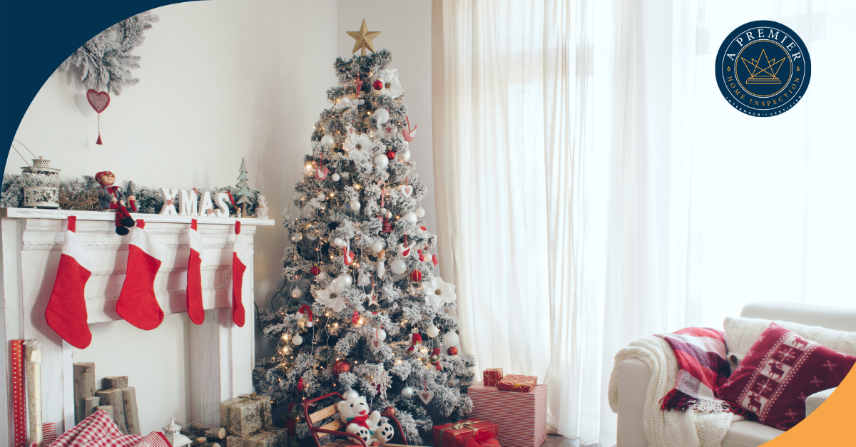 Beautifully decorated Christmas tree and mantel with stockings, creating a cozy holiday atmosphere.