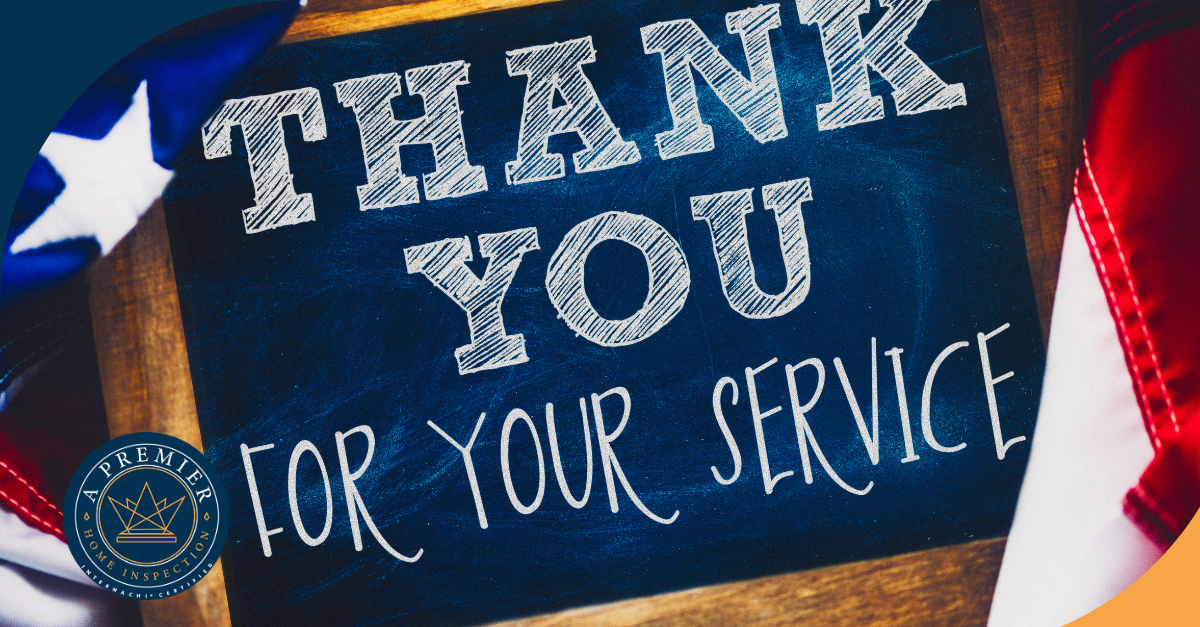 Chalkboard sign reading 'Thank You For Your Service,' surrounded by the American flag
