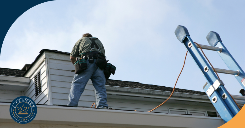 Home inspector performing roof inspection with ladder and tools.