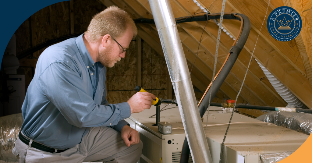Home inspector examining HVAC system in an attic with a flashlight.