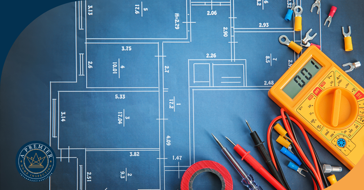 Electrical testing tools and blueprint plans used in a home inspection.