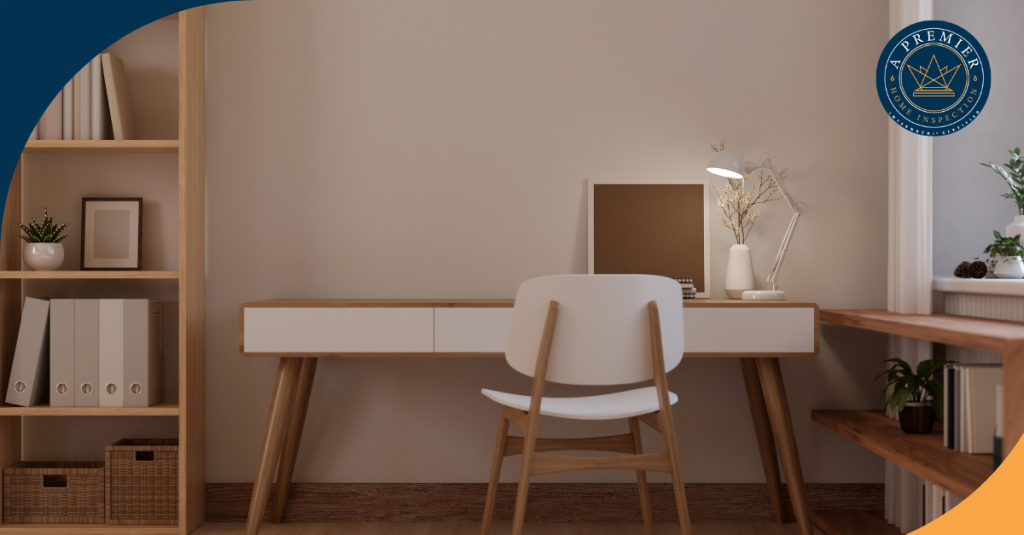 Minimalist home office with wooden desk, chair, and soft lighting.