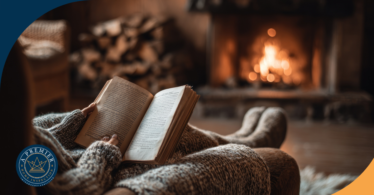 Person reading a book by the fireplace in a cozy setting.
