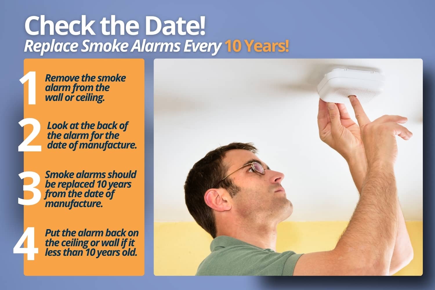 A person checks the manufacture date on a smoke alarm to ensure it is replaced every 10 years.