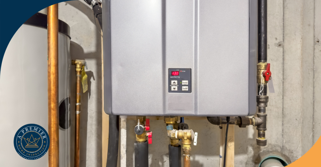 Close-up of a tankless water heater unit and its piping.