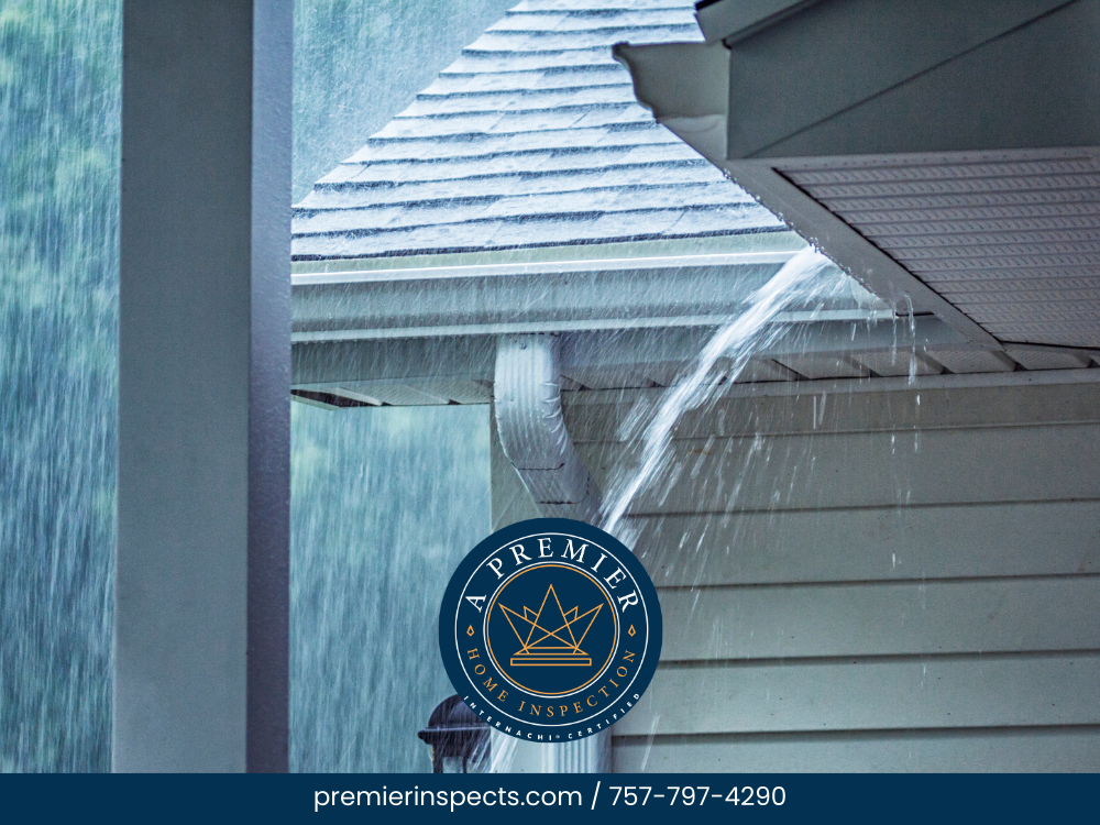 Water running off a roof's edge in heavy rain.