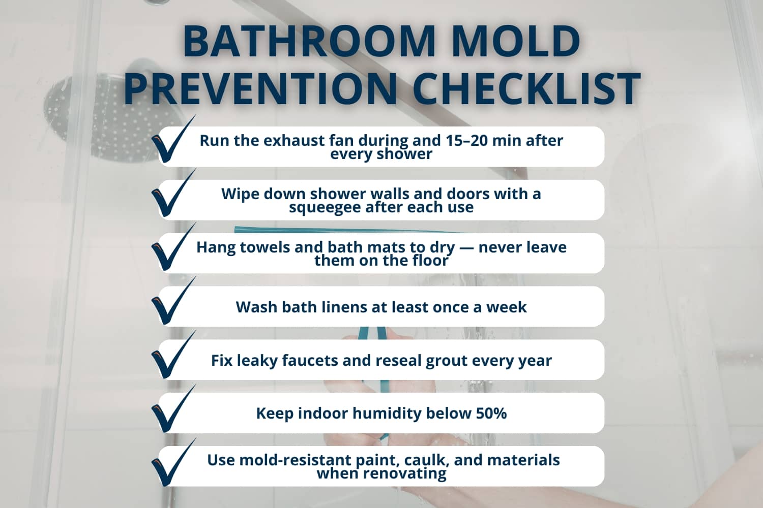 A bathroom mold prevention checklist graphic listing seven actionable steps, from running the exhaust fan to using mold-resistant materials when renovating.