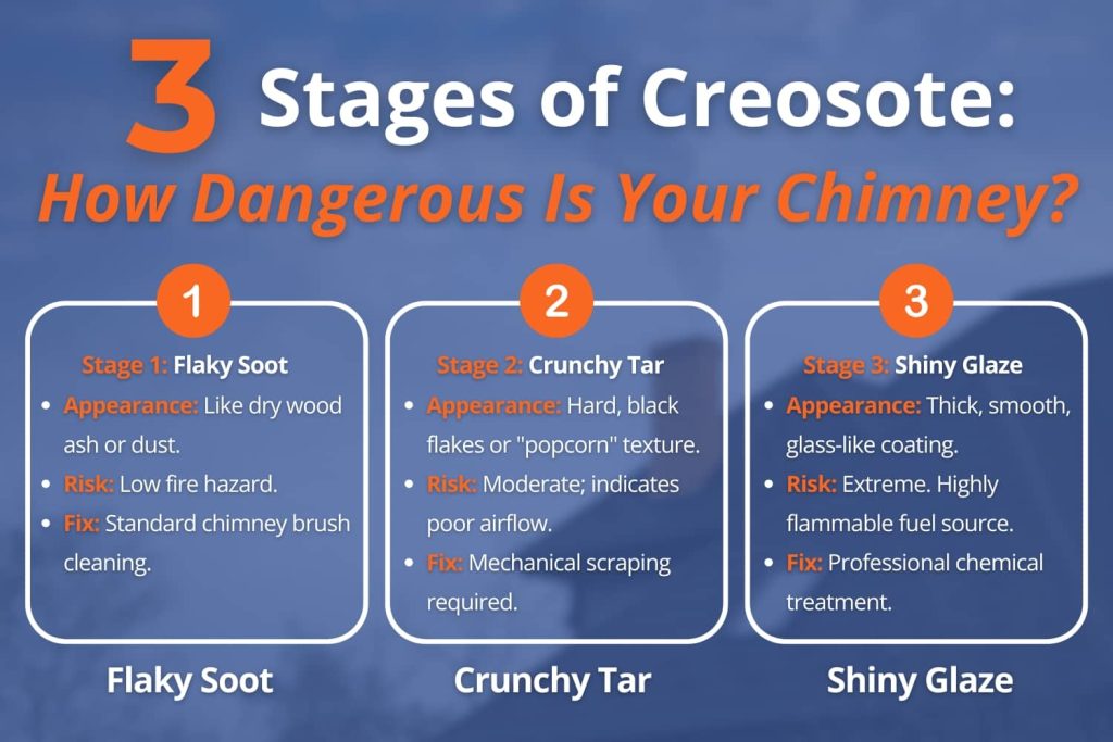 An infographic titled "3 Stages of Creosote" outlines the appearance, fire risk, and required cleaning methods for flaky soot, crunchy tar, and shiny glaze buildup in a chimney.