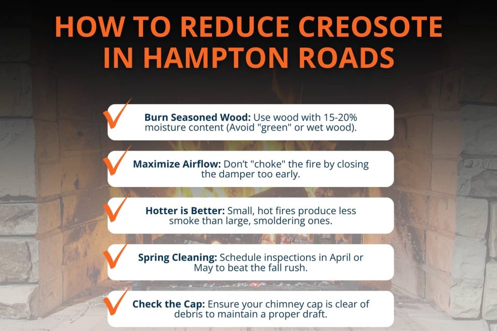 An informational graphic titled "How to Reduce Creosote in Hampton Roads" lists five tips for chimney maintenance, including burning seasoned wood, maximizing airflow, and scheduling spring inspections.