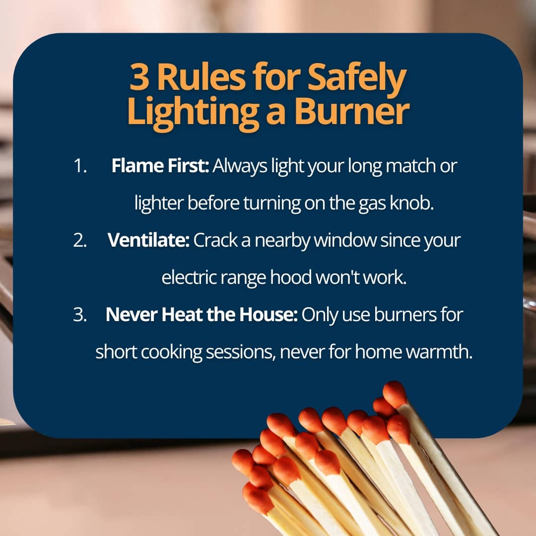 An infographic titled "3 Rules for Safely Lighting a Burner" featuring a bundle of matches and outlining three safety rules: always light the flame first, ensure proper ventilation, and never use the burners to heat the house.