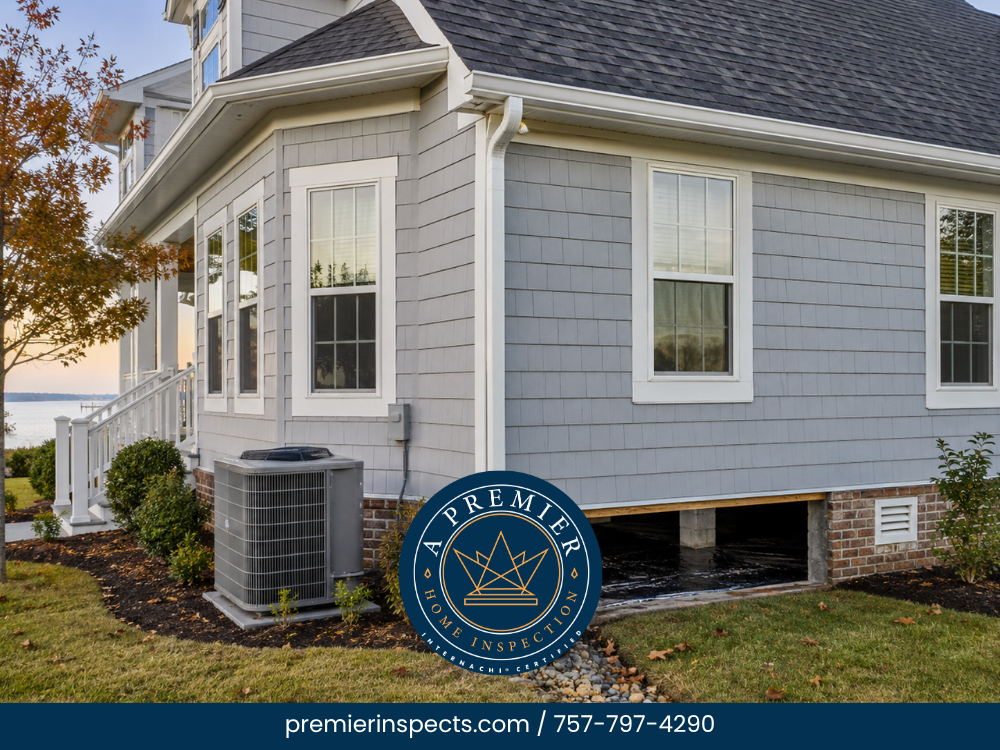 Coastal home exterior with HVAC unit and crawl space