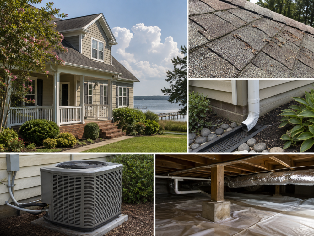 Coastal home inspection collage with roof, drainage, HVAC, and crawl space